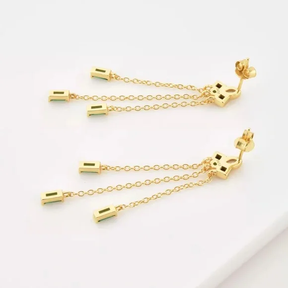 GOLD PLATED STERLING SILVER ART DECO MID CENTURY MODERN EMERALD ONYX DANGLE - Picture 6 of 10